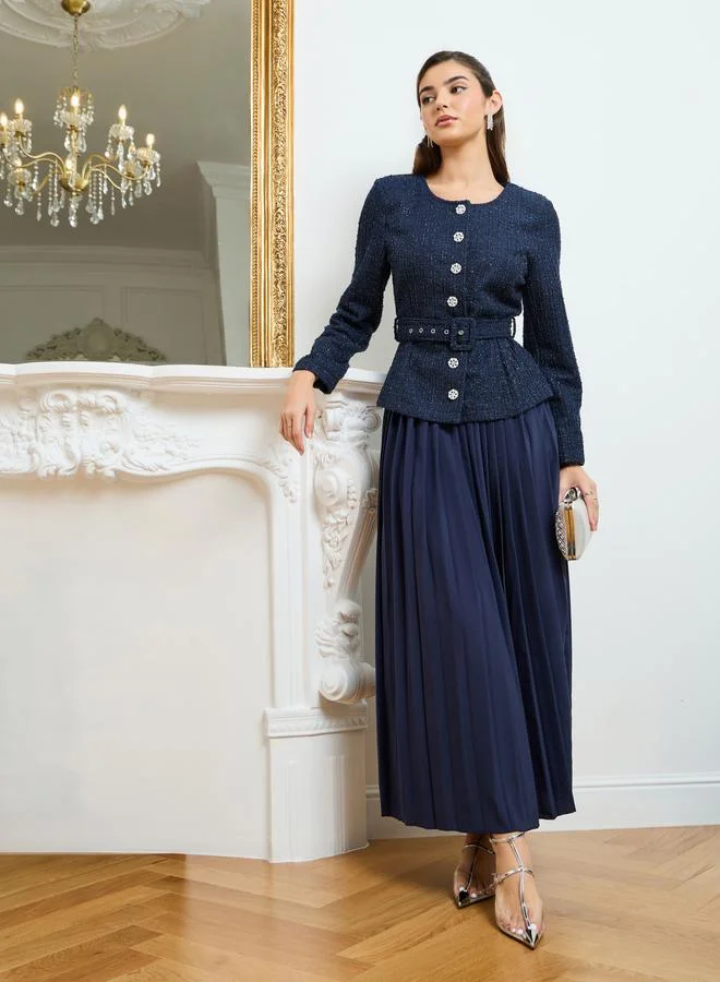 ستايلي طقم منسق من تنورة بكسرات وبلوزة تويد